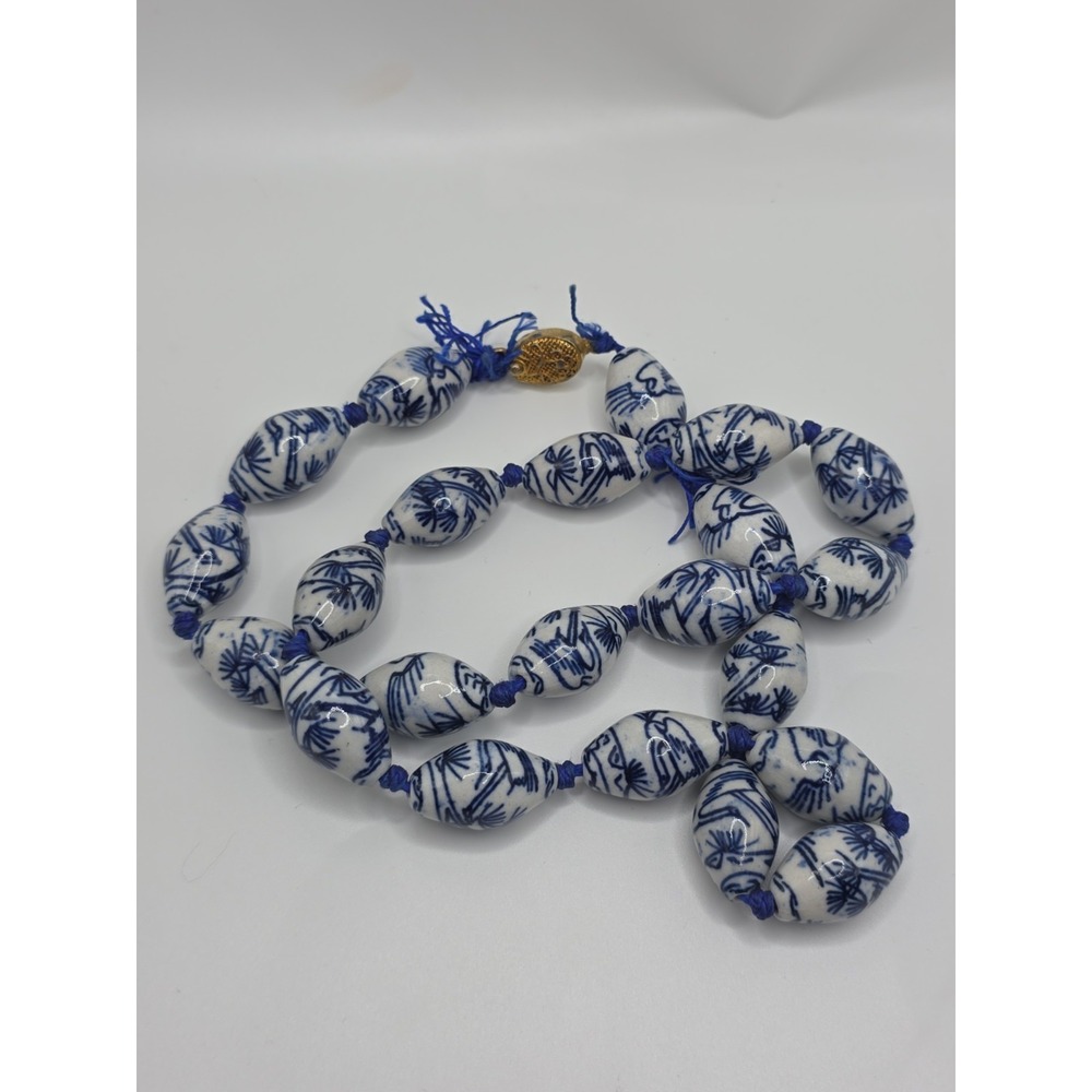 Vintage Chinese Blue White Ceramic Painted Porcelain Knotted Bead Necklace 22"